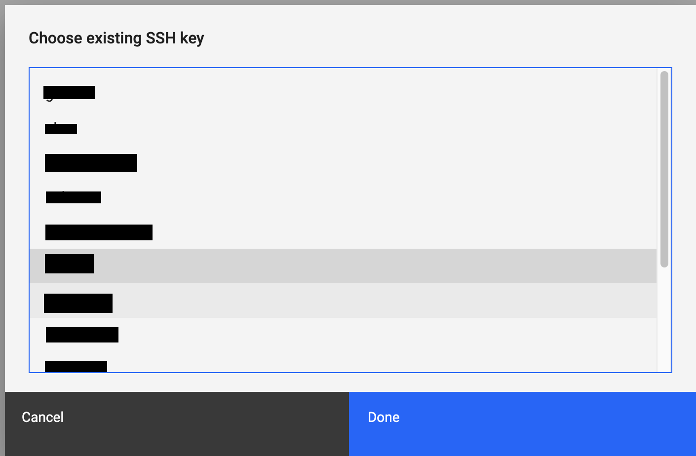 The Choose existing SSH key field, showing examples