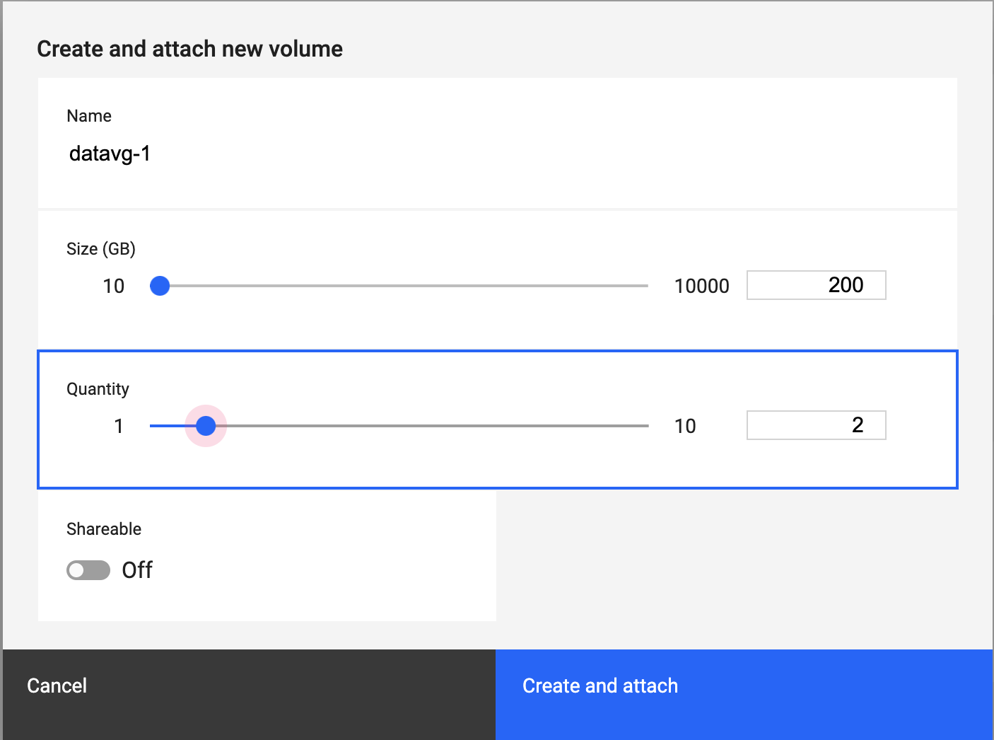 The Create and attach new volume controls